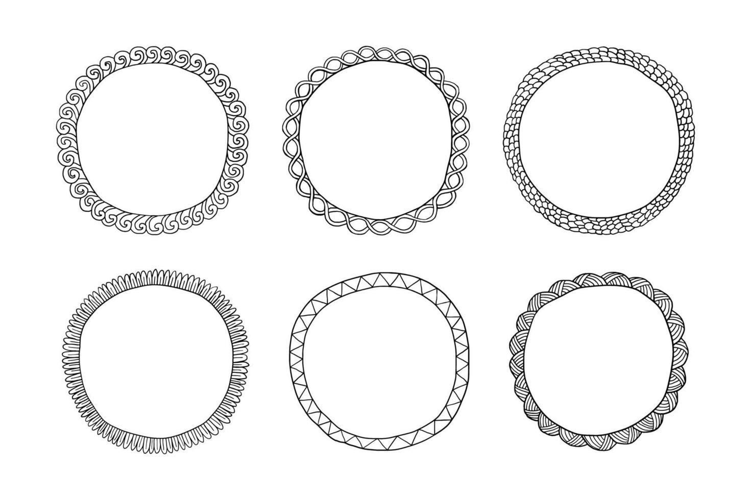 set di cornici rotonde disegnate a mano. ornamento in un cerchio isolato. cornici disegnate a mano libera. illustrazione vettoriale di una cornice per foto con spazio di copia.