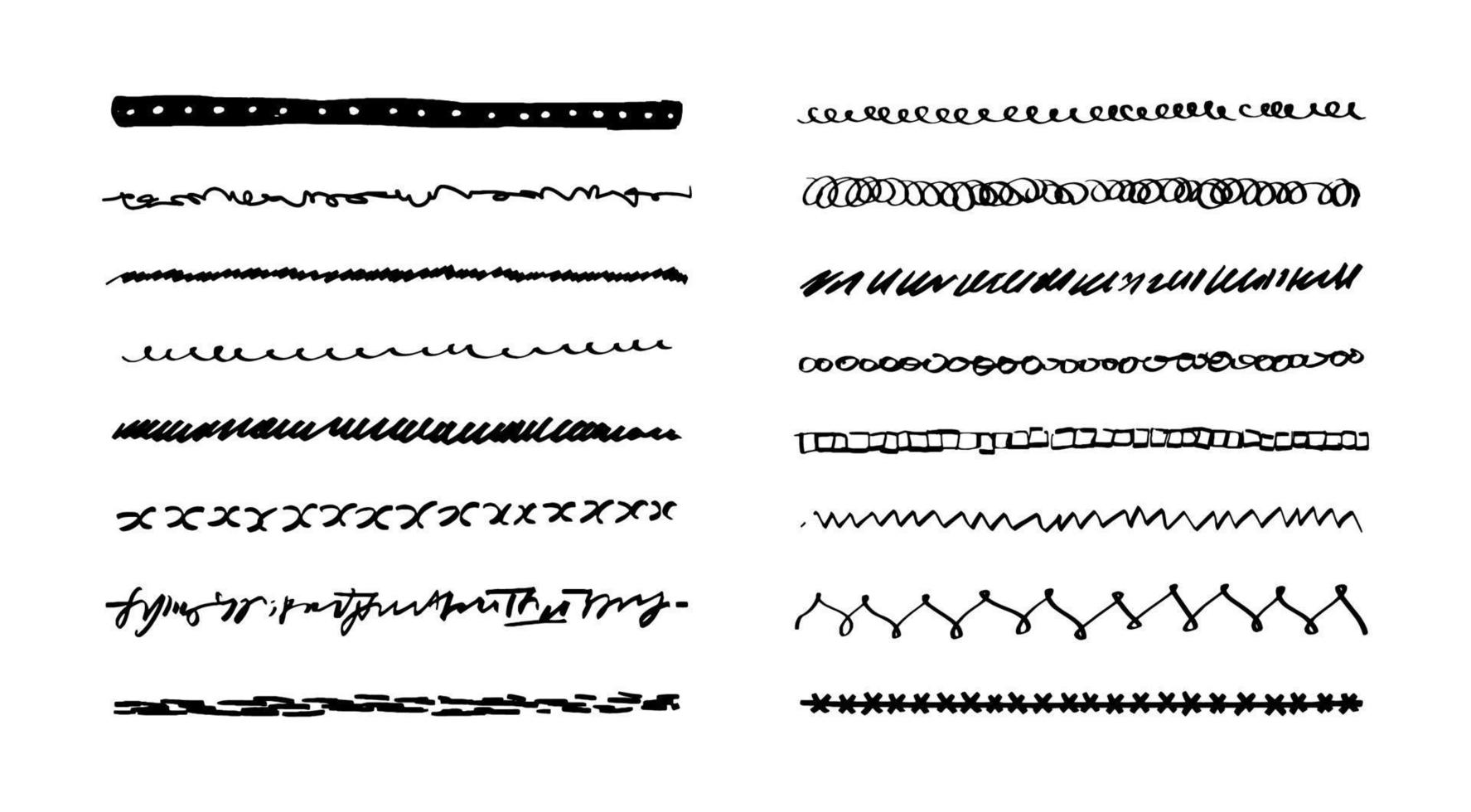 una serie di sottolineature. linee disegnate a mano di diverse forme. illustrazione stock vettoriale di bordi, cornici, punti salienti isolati su sfondo bianco.