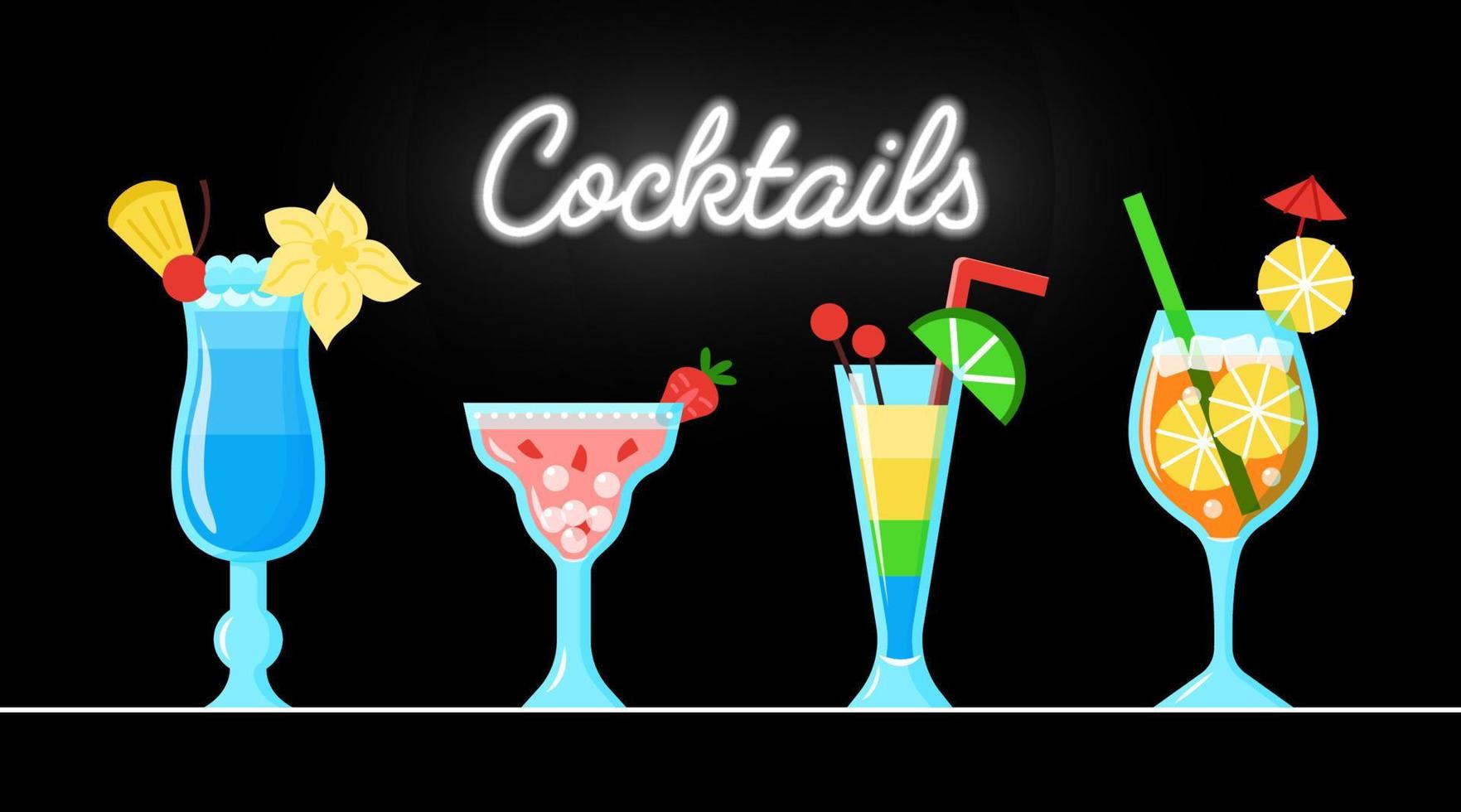 cocktail vettoriali con frutta sul tavolo vicino al cartello "cocktail" al neon su nero. collezione di bevande in stile cartone animato