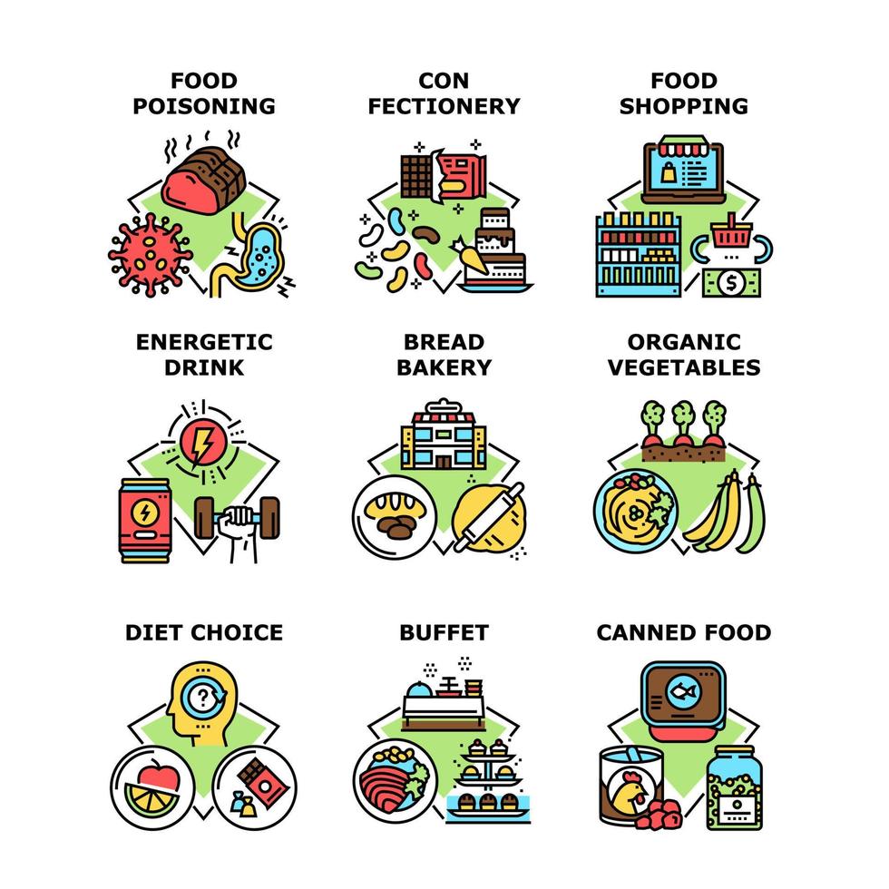 nutrizione shopping set icone illustrazioni vettoriali