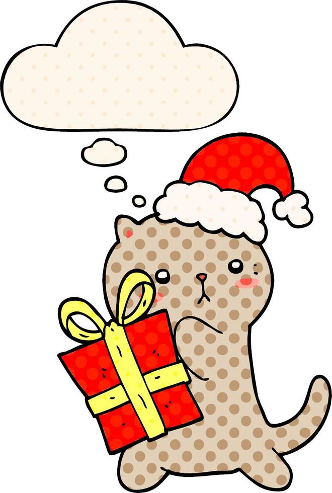 simpatico gatto cartone animato che trasporta regalo di natale e bolla di pensiero in stile fumetto vettore