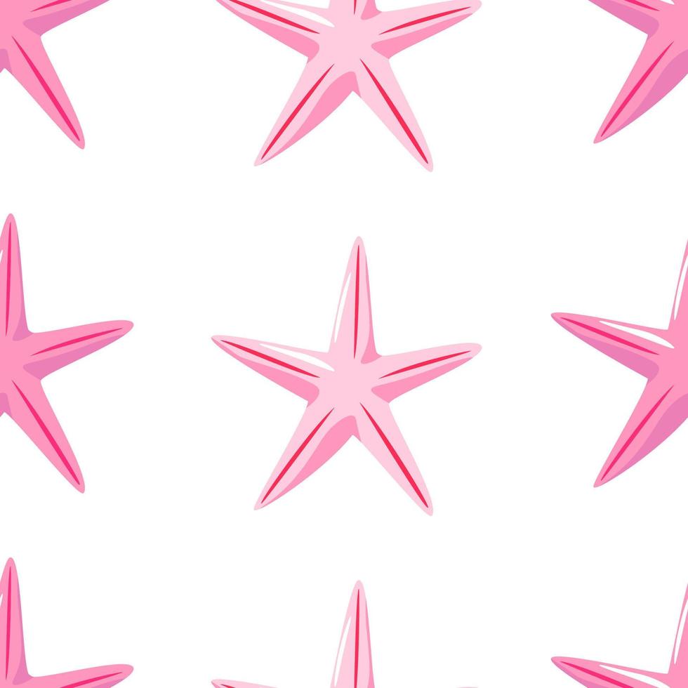 vettore disegnato a mano senza cuciture motivo semplice ripetuto con stelle marine rosa su sfondo bianco. sfondo vettoriale con tema marino. stella marina rosa su un motivo per tessuti, carta da parati, sfondo. mare.