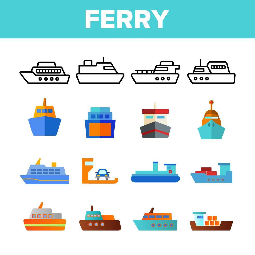 set di icone a colori per traghetti, navi e navi vettore