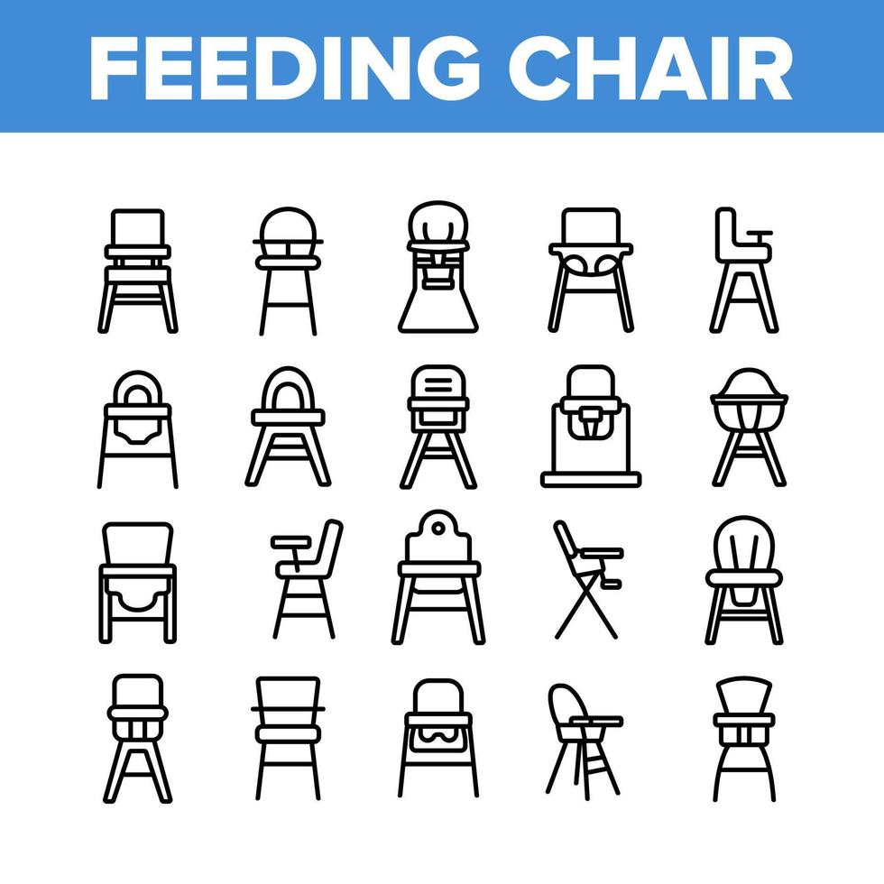 alimentazione bambino sedia raccolta icone set vettore