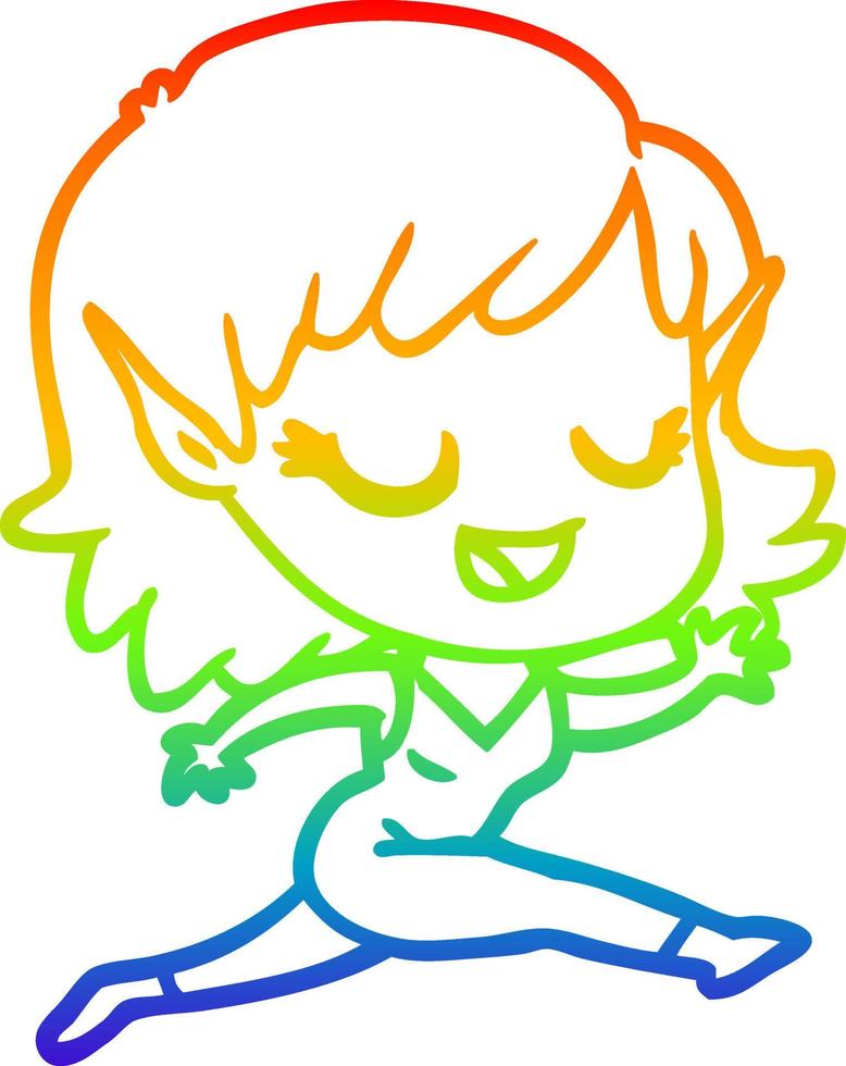 arcobaleno gradiente linea disegno felice cartone animato elfo ragazza in esecuzione vettore