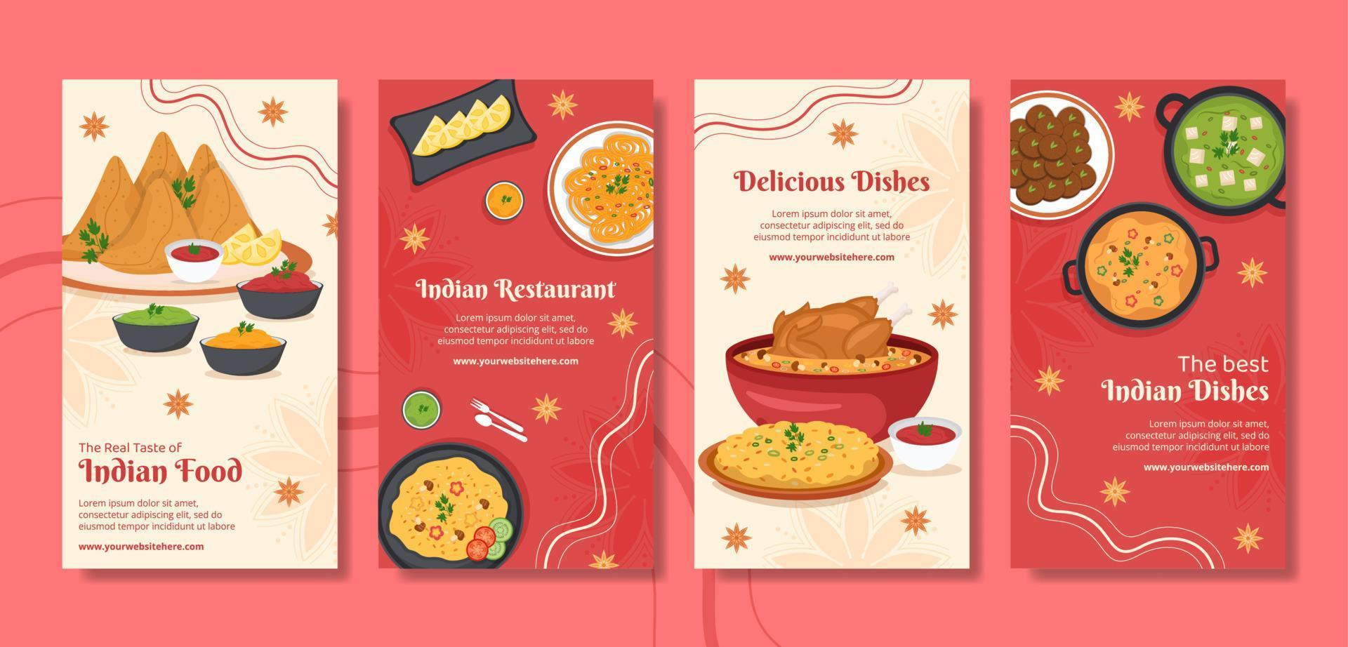 illustrazione di vettore del fondo del fumetto piatto del modello delle storie dei social media del ristorante indiano dell'alimento
