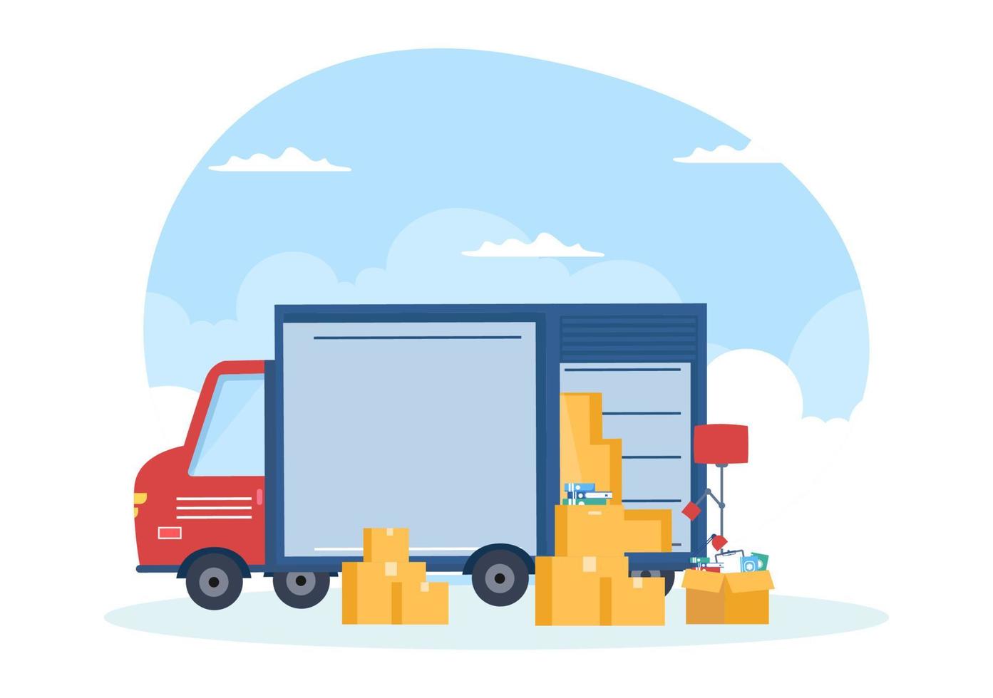 illustrazione del fumetto di trasporto di autotrasporti con servizi di consegna del carico o scatola di cartone inviata al consumatore in un design piatto vettore