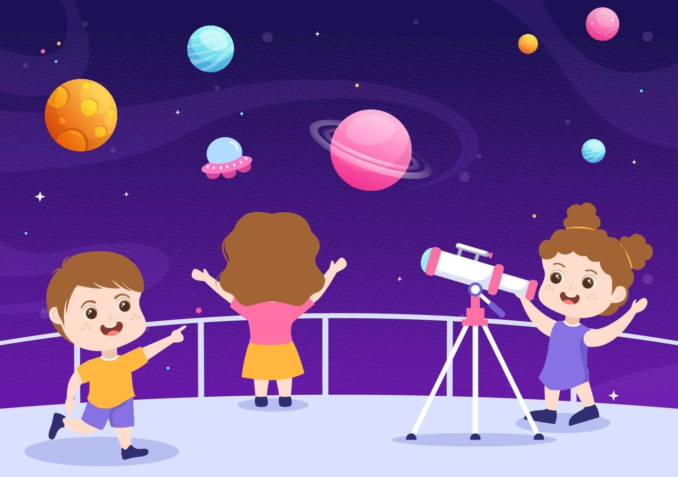 illustrazione del fumetto di astronomia con bambini carini che guardano il cielo stellato notturno, la galassia e i pianeti nello spazio attraverso il telescopio in stile disegnato a mano piatto vettore