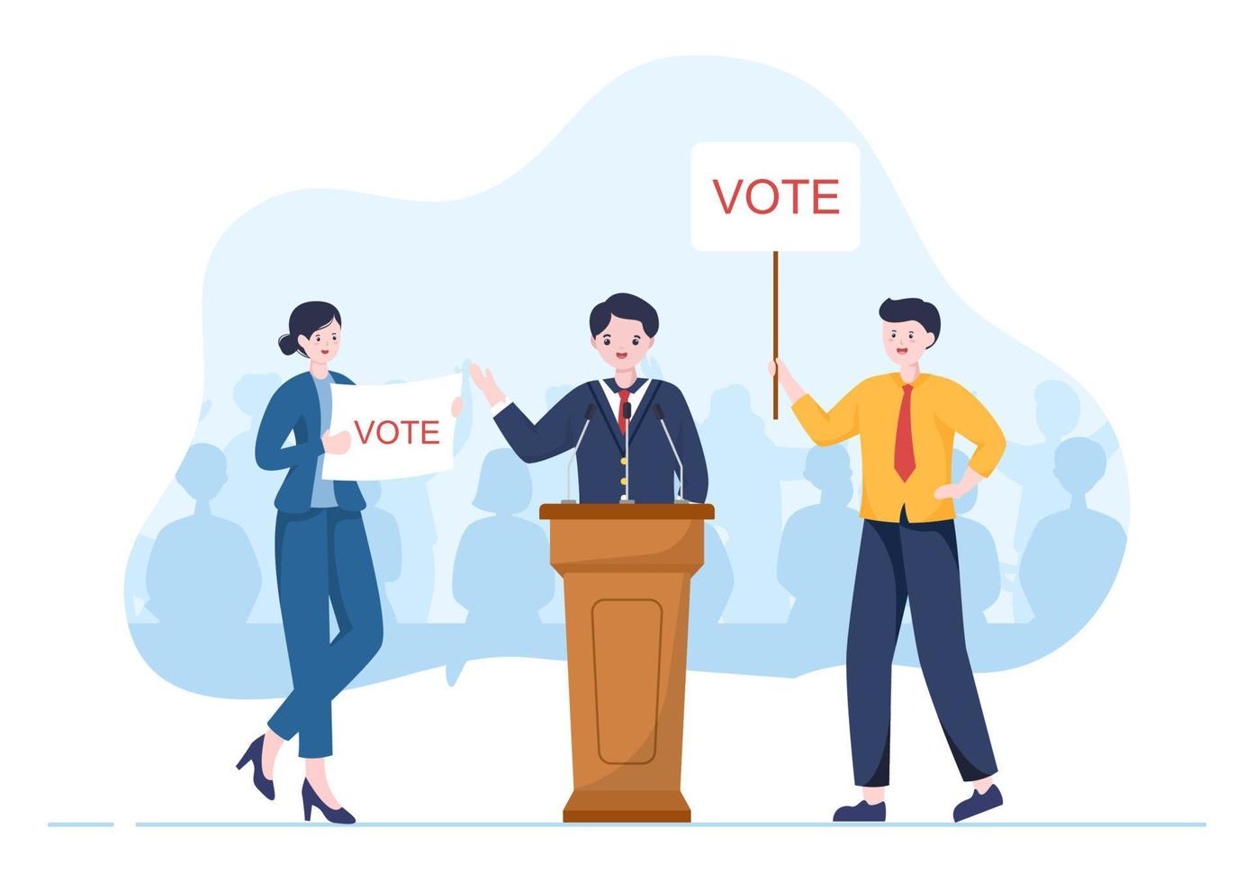 illustrazione disegnata a mano del fumetto del candidato politico con il concetto di dibattiti per la promozione, la campagna elettorale, la discussione attiva e ottenere voti vettore
