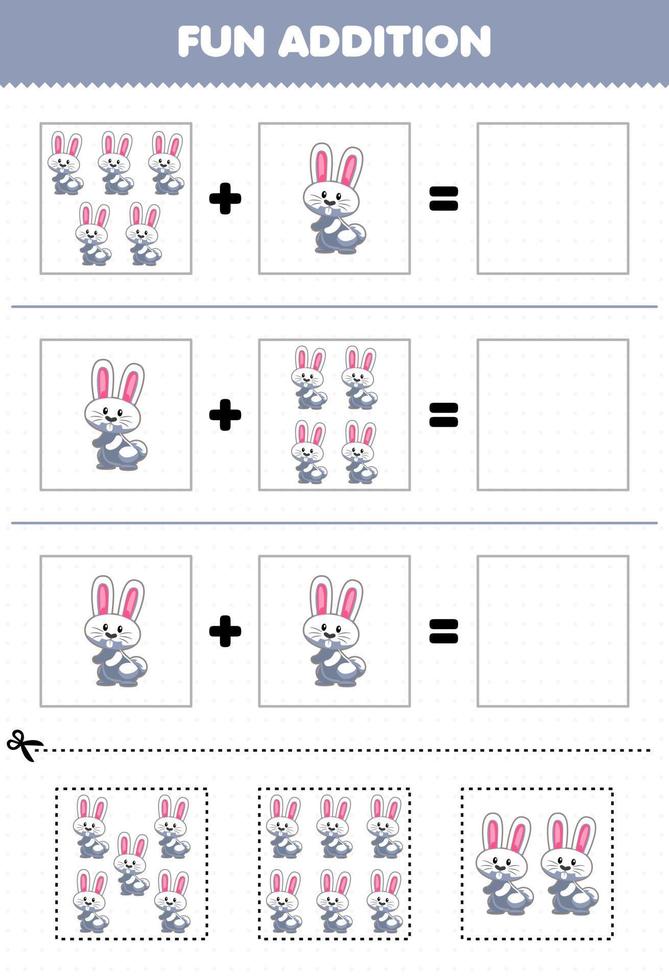 gioco educativo per bambini divertente aggiunta tagliando e abbinando simpatico cartone animato animale coniglio immagini foglio di lavoro vettore