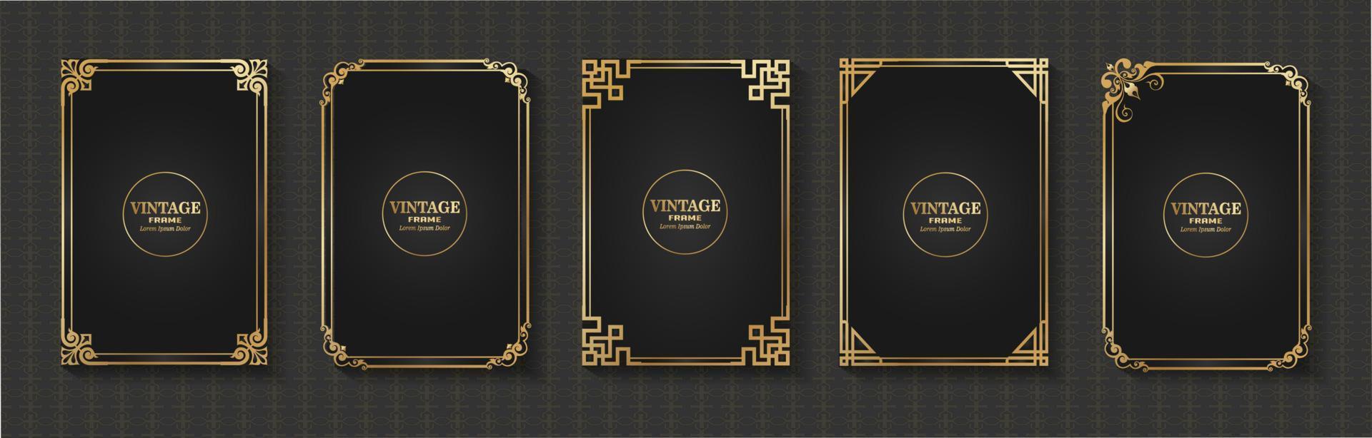 cornice rettangolare in oro set di decorazioni vintage calligrafia bordo cornice lusso elegante sfondo nero design vettore