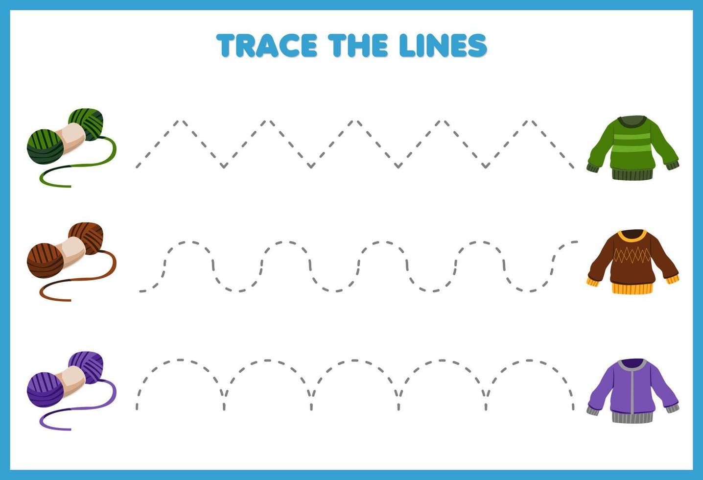 gioco educativo per bambini pratica della scrittura traccia le linee maglia vestiti indossabili maglione forma filato vettore