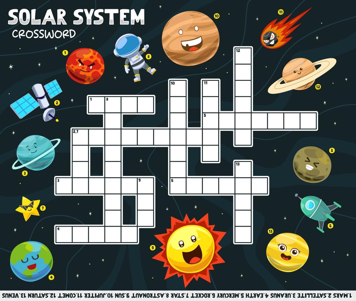 gioco educativo cruciverba per imparare le parole inglesi con un simpatico cartone animato immagine del sistema solare stampabile foglio di lavoro vettore