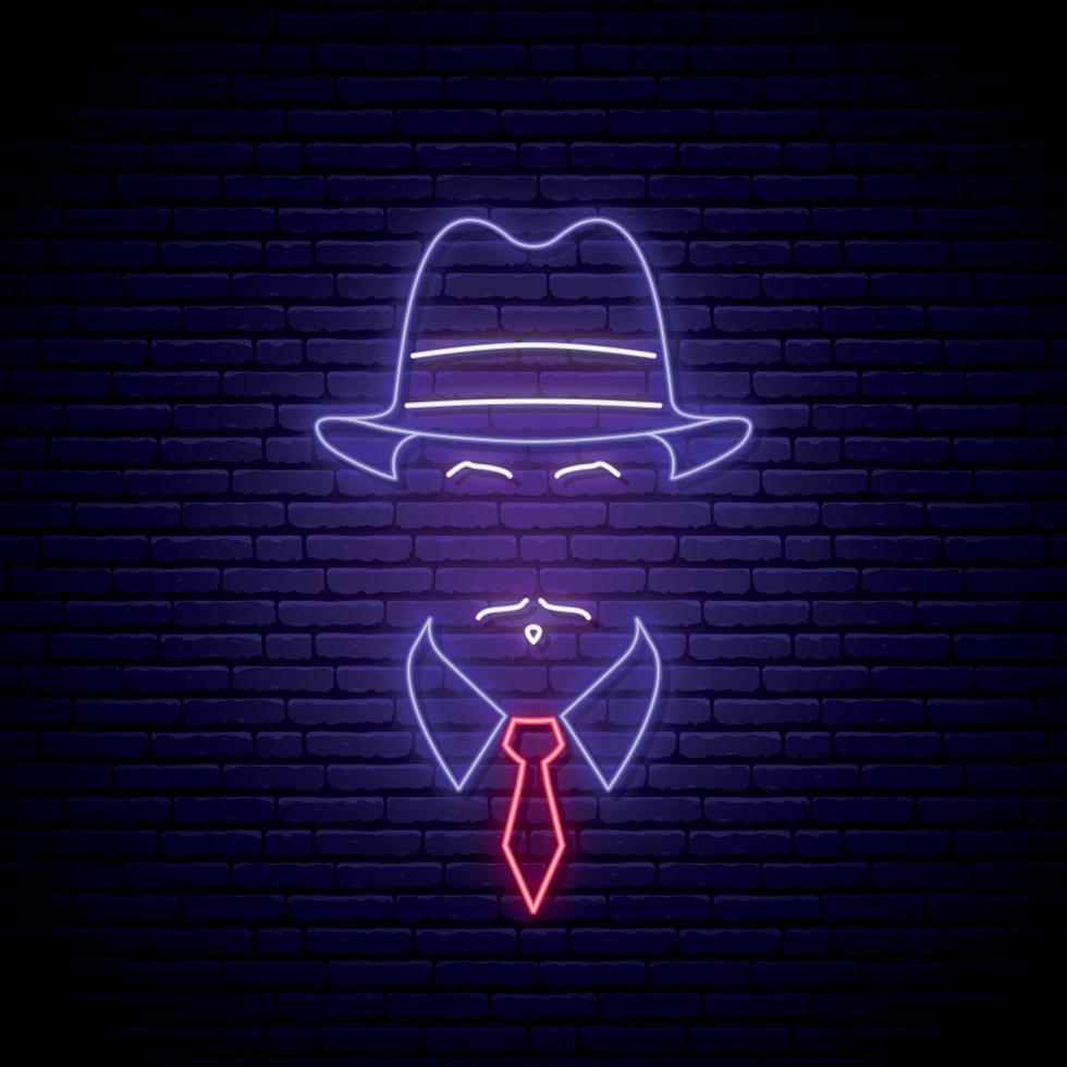 insegna al neon mafiosa. uomo con l'icona del cappello. insegna al neon. vettore