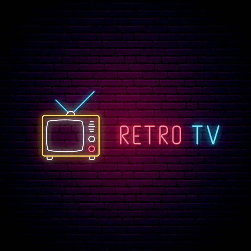 insegna al neon tv retrò. emblema del programma televisivo in stile neon alla moda. vettore