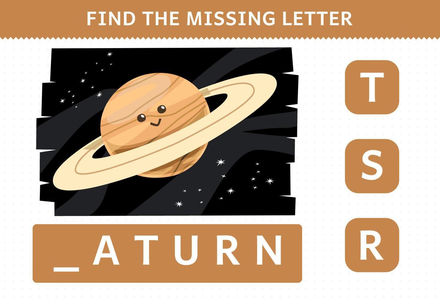 gioco educativo per bambini trova la lettera mancante simpatico cartone animato sistema solare pianeta saturno foglio di lavoro vettore