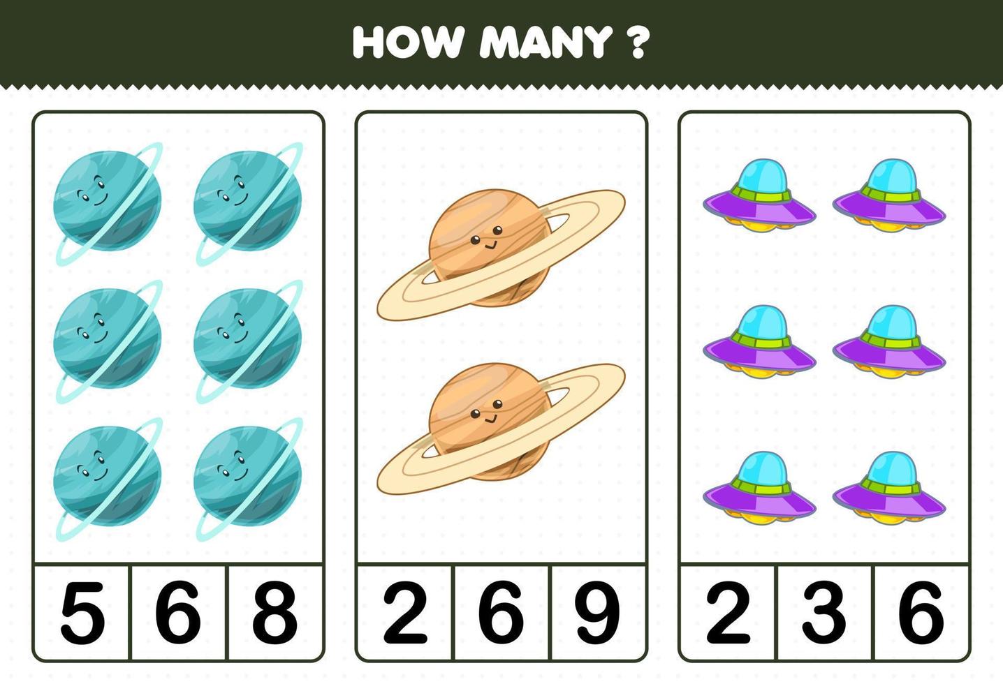 gioco educativo per bambini che conta quanti simpatici cartoni animati sistema solare urano saturno pianeta ufo vettore