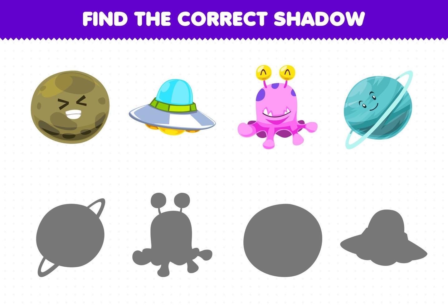 gioco educativo per bambini trova il set di ombre corretto del simpatico cartone animato sistema solare pianeta mercurio ufo alieno urano vettore