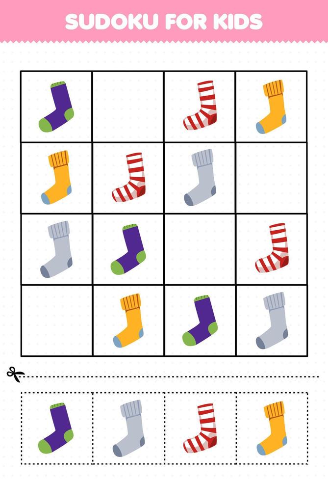 gioco educativo per bambini sudoku per bambini con immagine di calzini di vestiti indossabili dei cartoni animati vettore