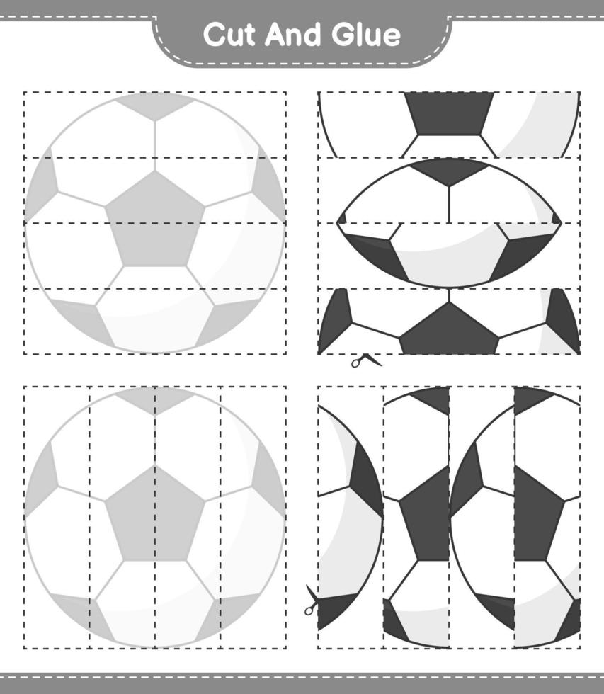 tagliare e incollare, tagliare parti di pallone da calcio e incollarle. gioco educativo per bambini, foglio di lavoro stampabile, illustrazione vettoriale