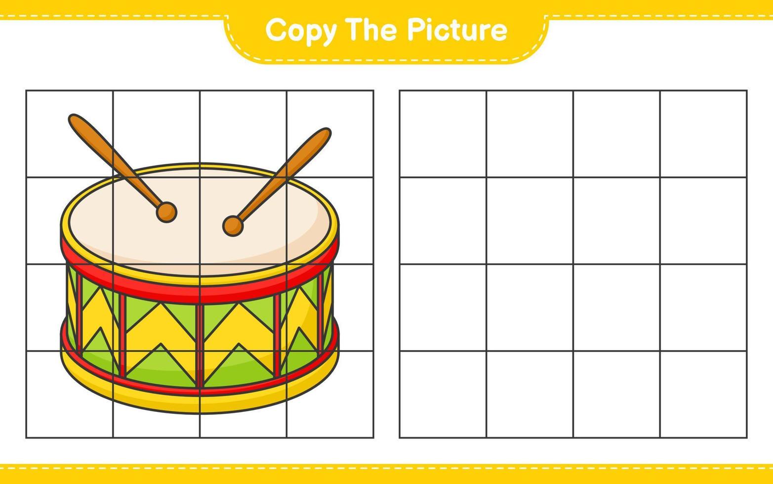 copiare l'immagine, copiare l'immagine del tamburo utilizzando le linee della griglia. gioco educativo per bambini, foglio di lavoro stampabile, illustrazione vettoriale