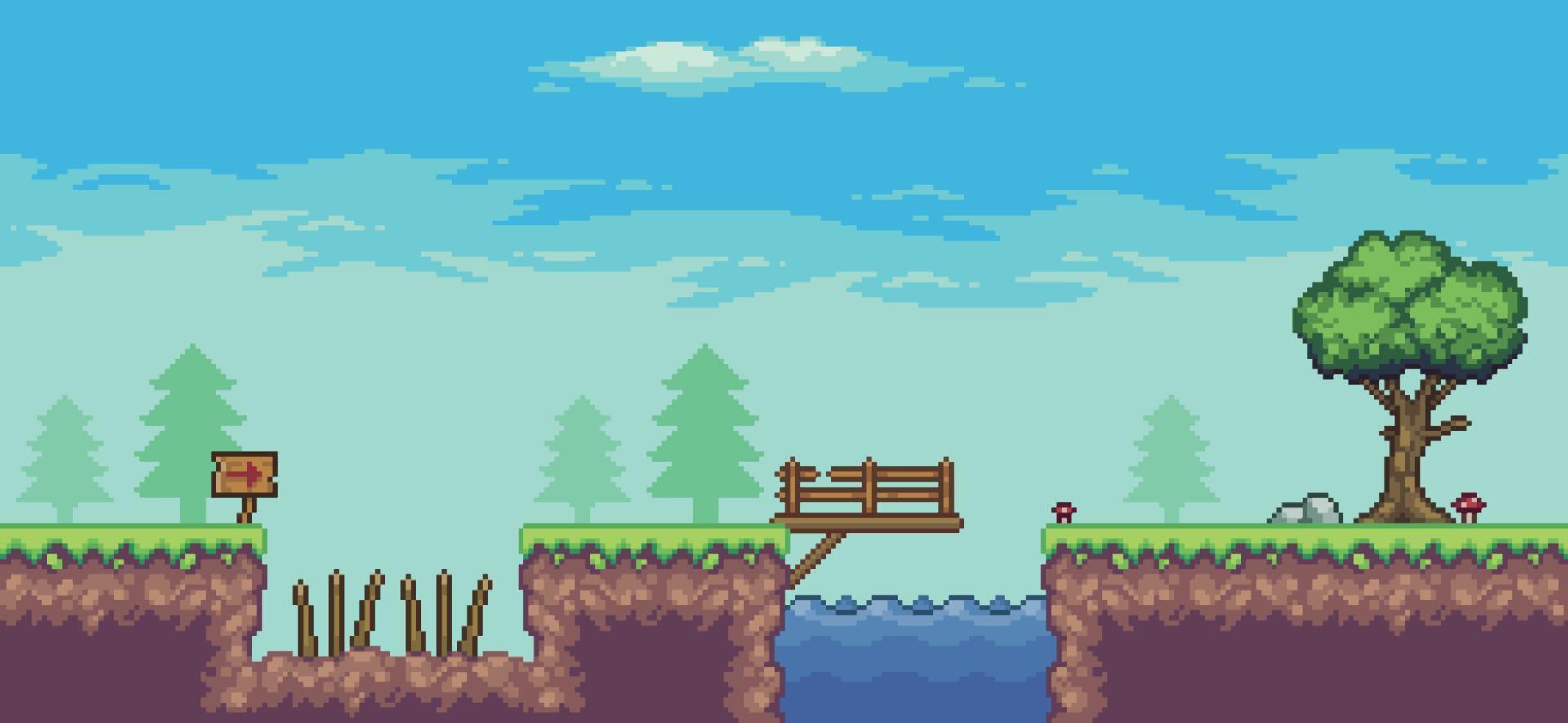 scena di gioco arcade pixel art con albero, lago, ponte, tavola e nuvole sfondo vettoriale a 8 bit