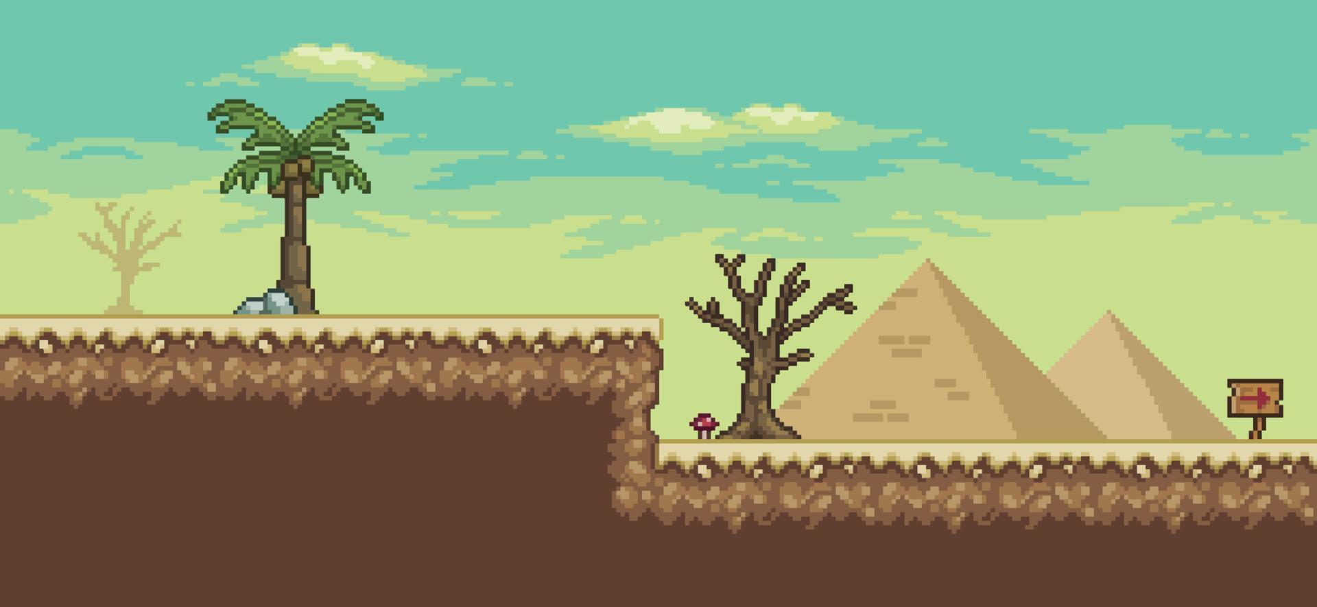 scena di gioco del deserto di pixel art con , piramide, palma, sfondo a 8 bit della scheda di direzione vettore