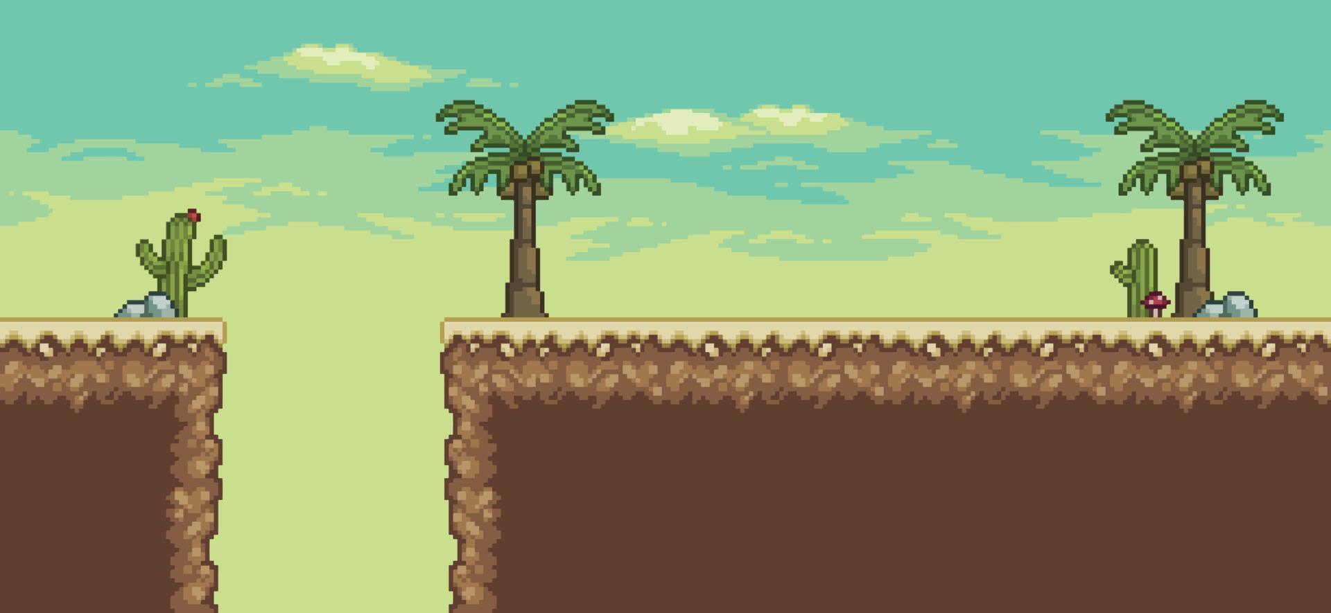 scena di gioco del deserto di pixel art con palma, cactus, vettore di sfondo a 8 bit