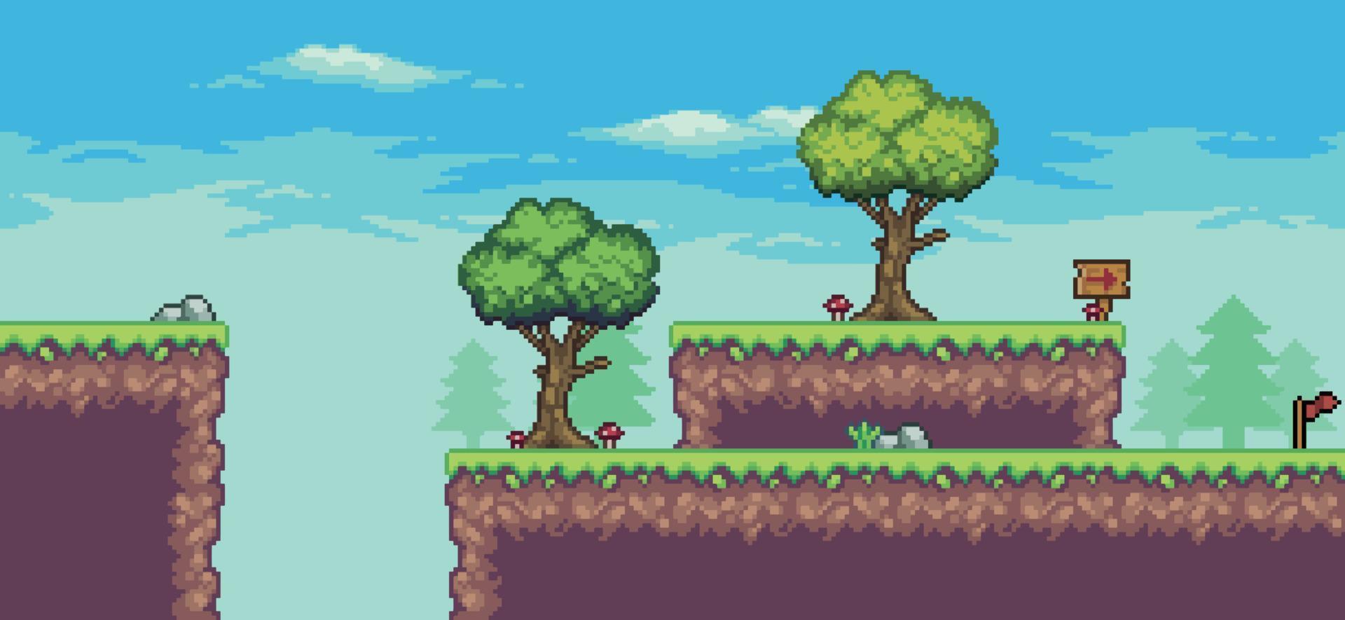 scena di gioco arcade pixel art con alberi, nuvole, tavola, pietre e sfondo bandiera 8bit vettore