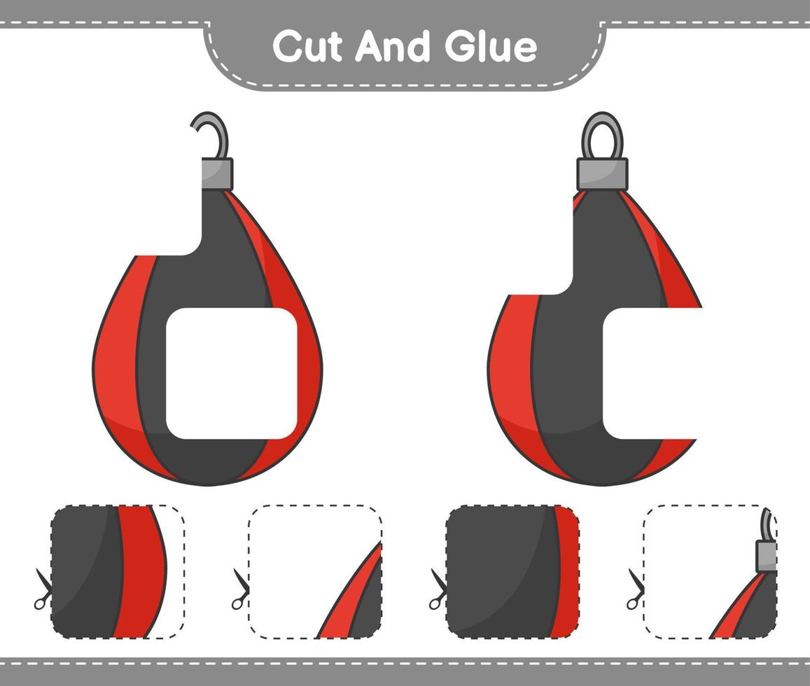 tagliare e incollare, tagliare parti di sacco da boxe e incollarle. gioco educativo per bambini, foglio di lavoro stampabile, illustrazione vettoriale