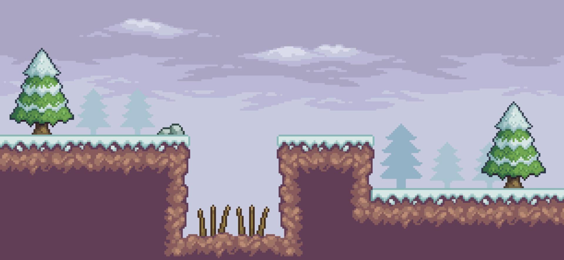 scena di gioco pixel art nella neve con alberi di pino, trappola e nuvole sfondo a 8 bit vettore