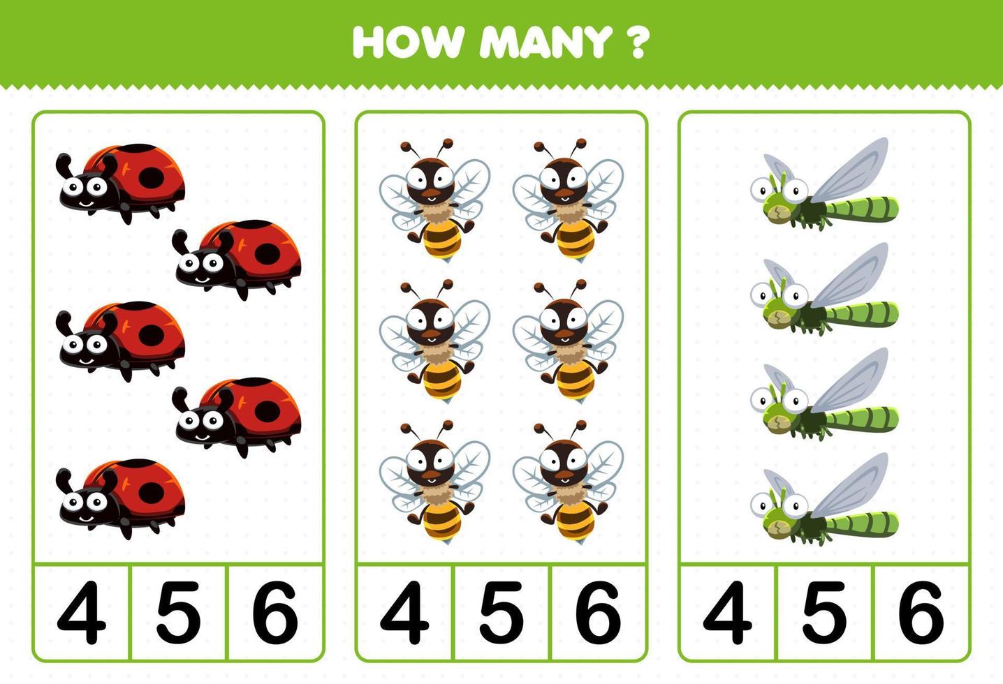 gioco educativo per bambini che conta quanti simpatici cartoni animati insetto animale coccinella ape libellula vettore