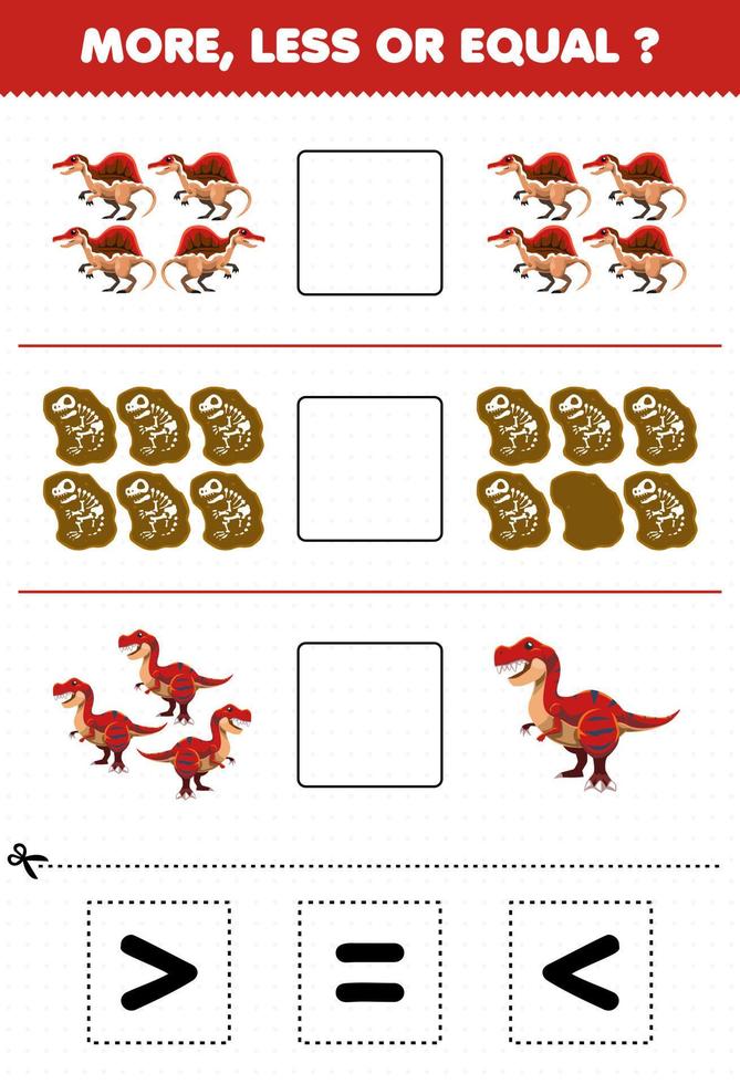 gioco educativo per bambini più o meno uguale conta la quantità di cartone animato dinosauro rosso preistorico spinosauro fossile tirannosauro quindi taglia e incolla taglia il segno corretto vettore