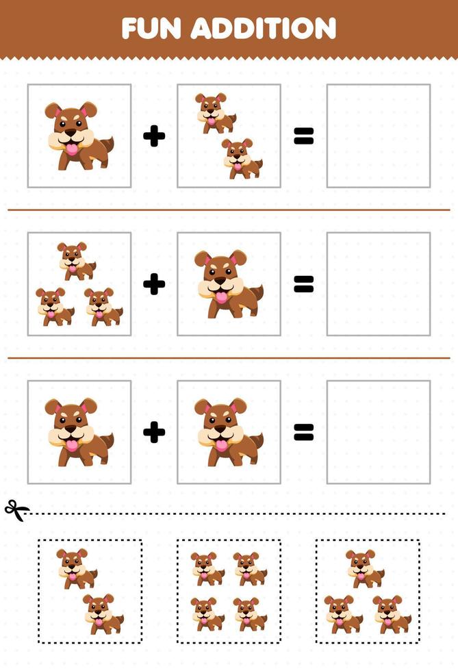 gioco educativo per bambini divertente aggiunta tagliando e abbinando il foglio di lavoro con le immagini dei cani degli animali dei cartoni animati vettore