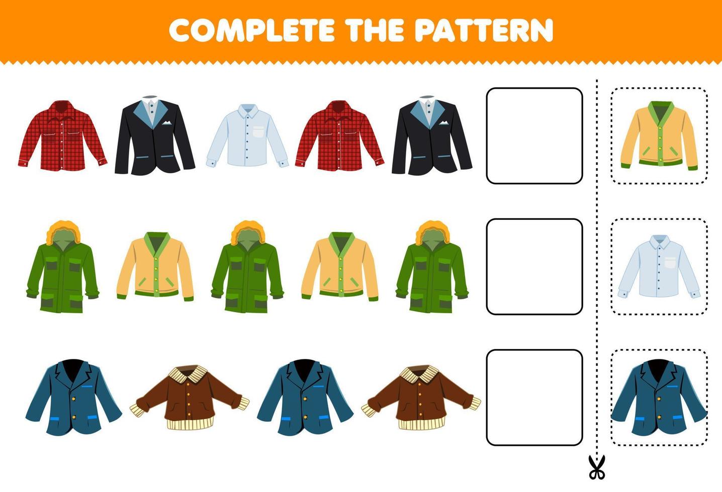 gioco educativo per bambini completare lo schema pensiero logico trovare la regolarità e continuare il compito di fila con vestiti indossabili cartoni animati smoking di flanella abito giacca cardigan blazer vettore