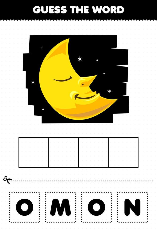 gioco educativo per bambini indovina la parola lettere praticando simpatico cartone animato sistema solare oggetto luna vettore