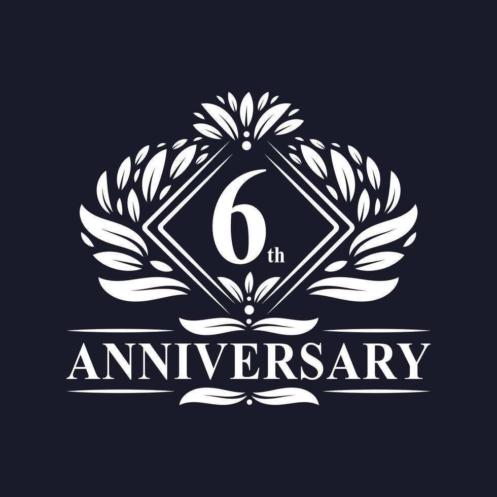 Logo dell'anniversario di 6 anni, logo floreale di lusso del 6° anniversario. vettore