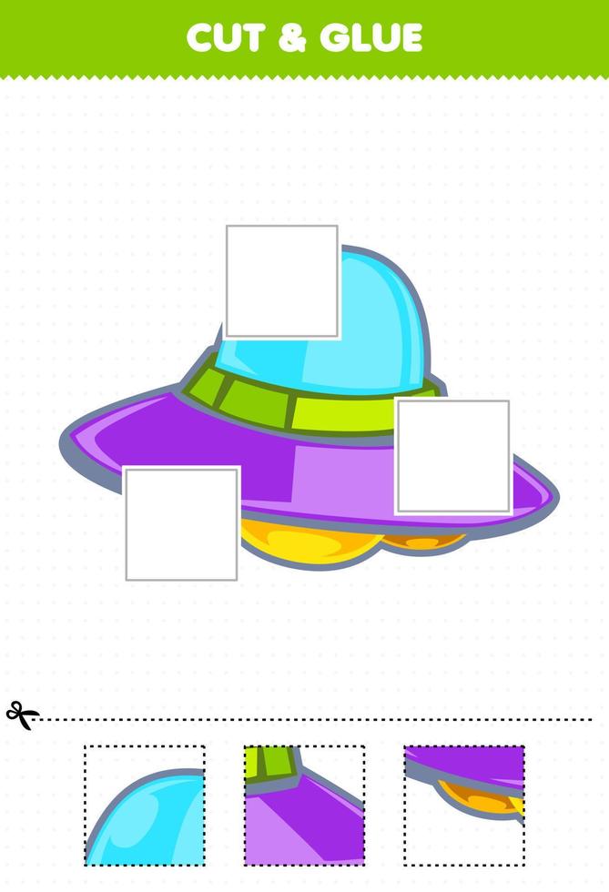 gioco educativo per bambini taglia e incolla parti taglia del simpatico cartone animato sistema solare ufo e incollale foglio di lavoro stampabile vettore