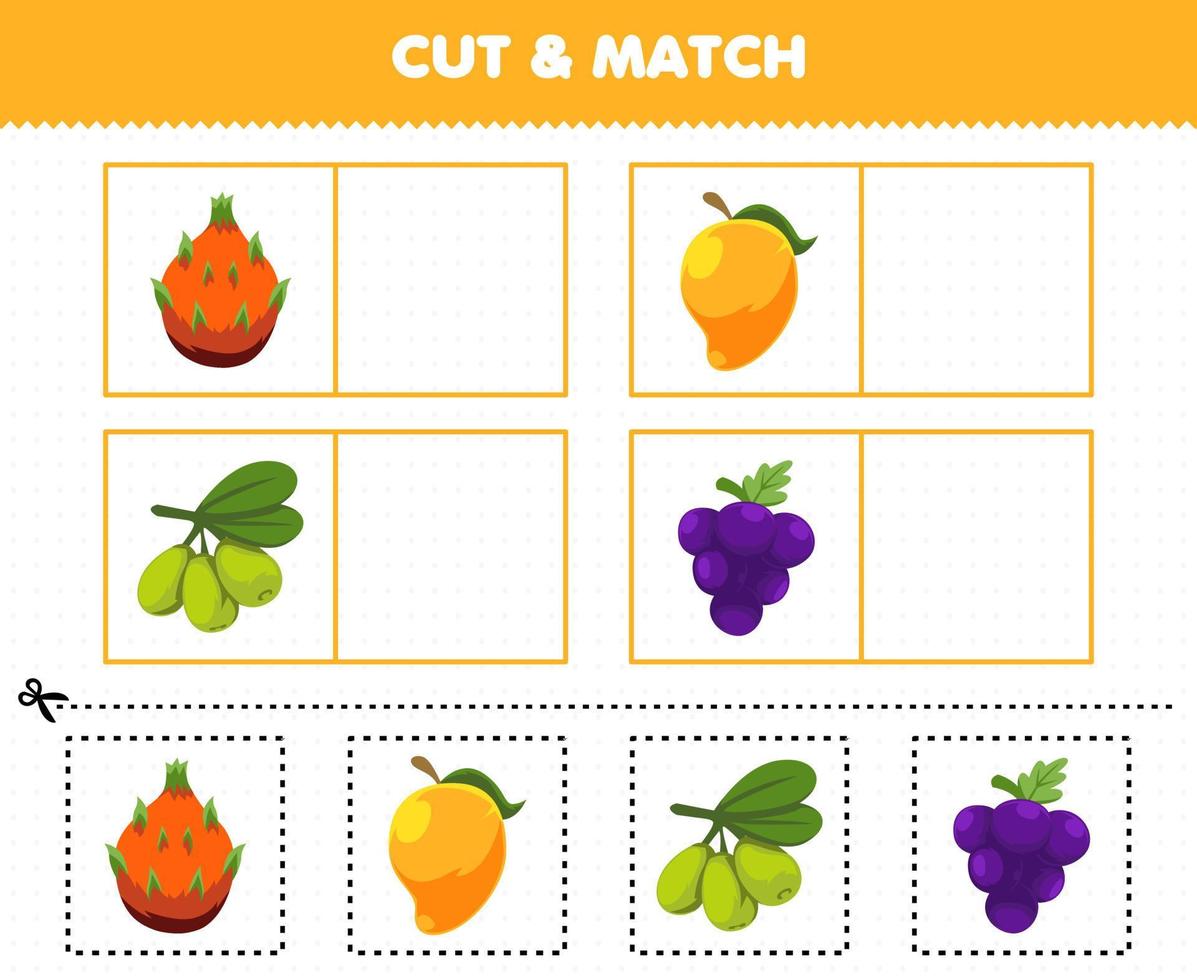 Gioco educativo per bambini Taglia e abbina la stessa immagine di cartone animato frutta drago frutta mango oliva uva foglio di lavoro stampabile vettore