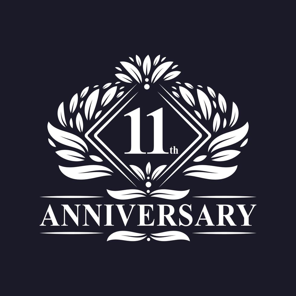 Logo dell'anniversario di 11 anni, logo floreale di lusso dell'undicesimo anniversario. vettore