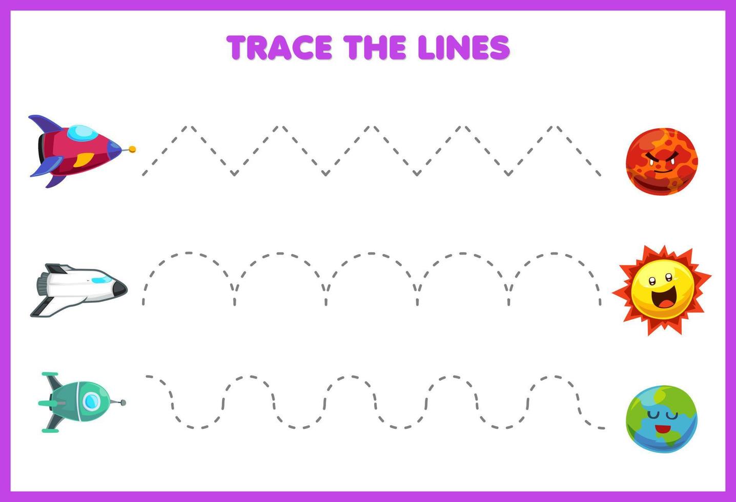 gioco educativo per bambini pratica della scrittura traccia le linee muovi simpatico cartone animato sistema solare razzo astronave pianeta sole vettore