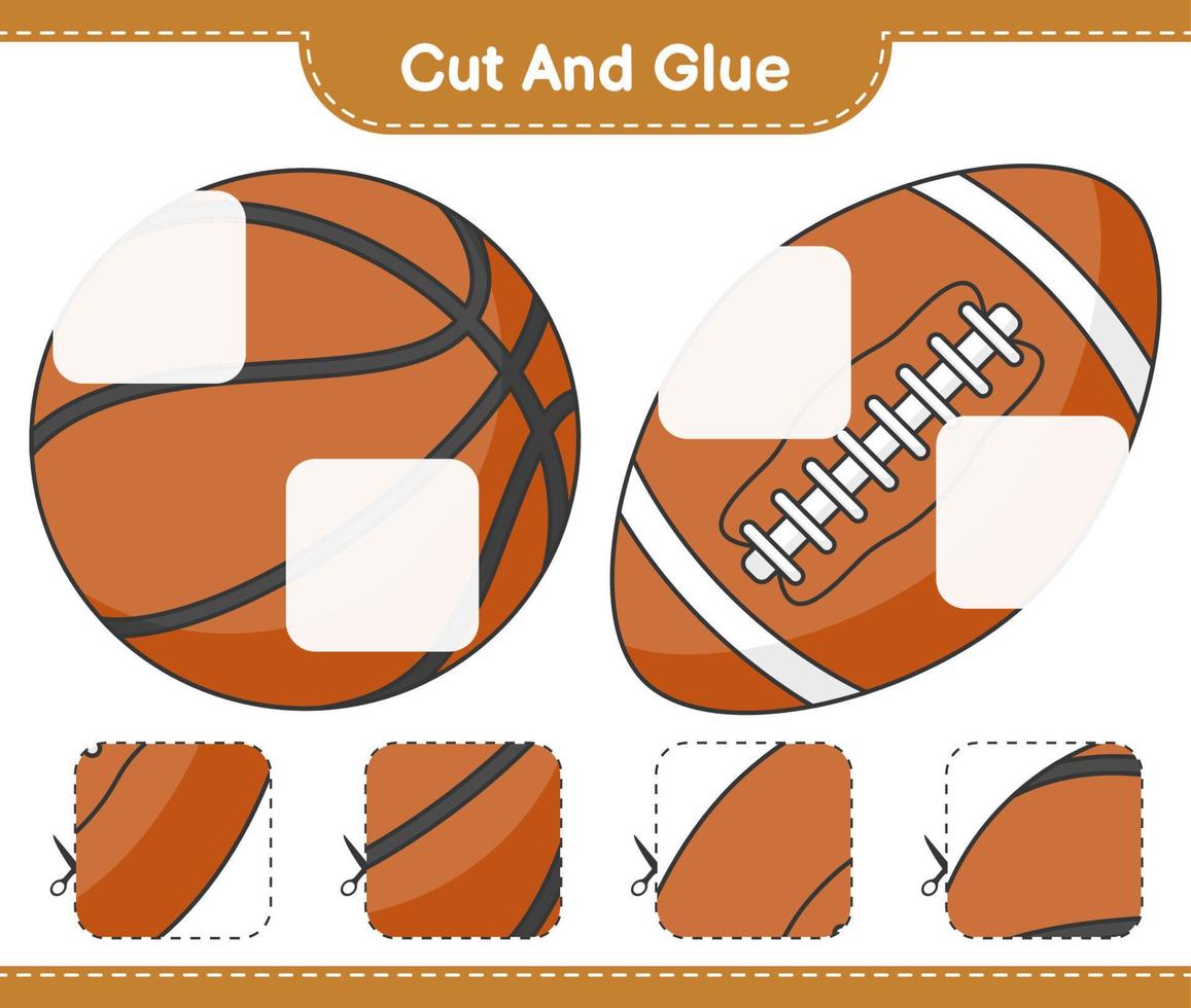 tagliare e incollare, tagliare parti di basket, pallone da rugby e incollarle. gioco educativo per bambini, foglio di lavoro stampabile, illustrazione vettoriale