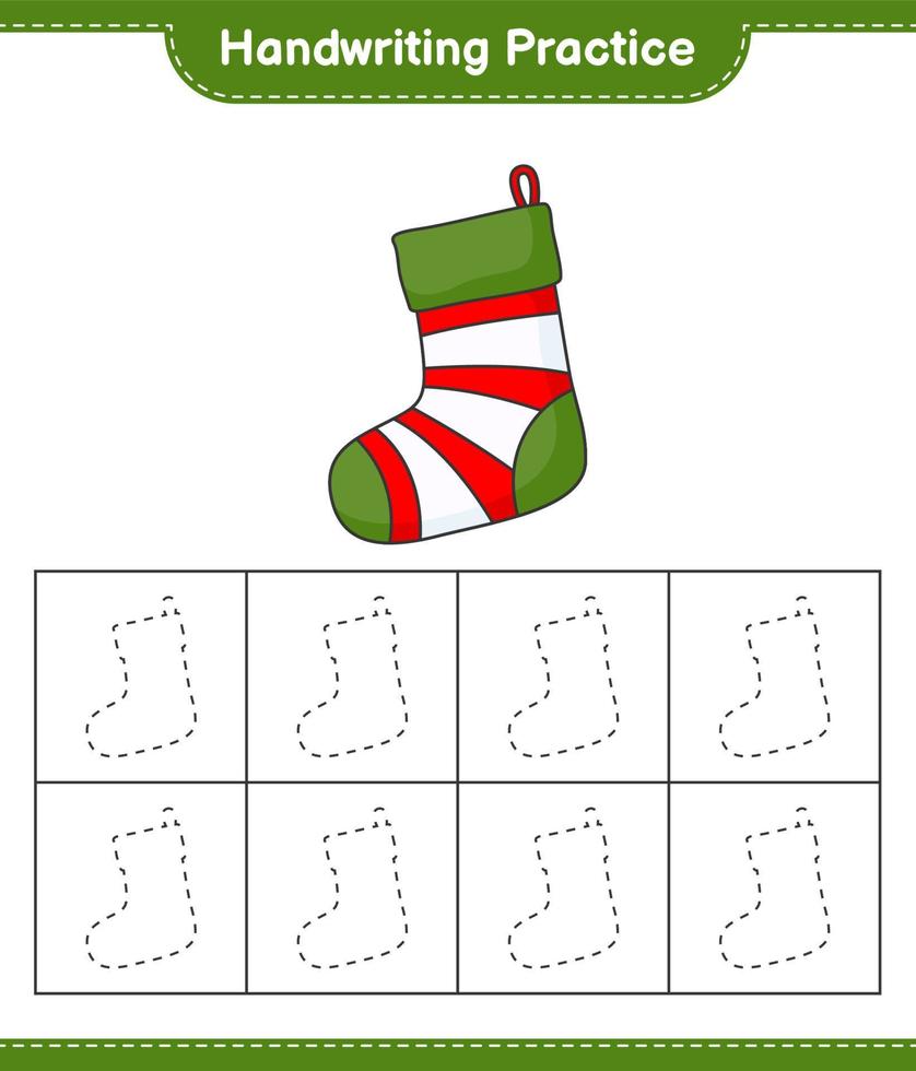 pratica della scrittura a mano. tracciare linee di calzino di Natale. gioco educativo per bambini, foglio di lavoro stampabile, illustrazione vettoriale