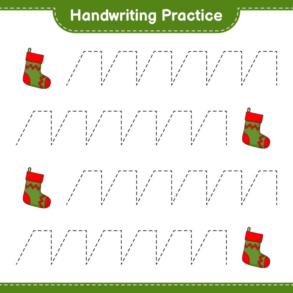 pratica della scrittura a mano. tracciare linee di calzino di Natale. gioco educativo per bambini, foglio di lavoro stampabile, illustrazione vettoriale