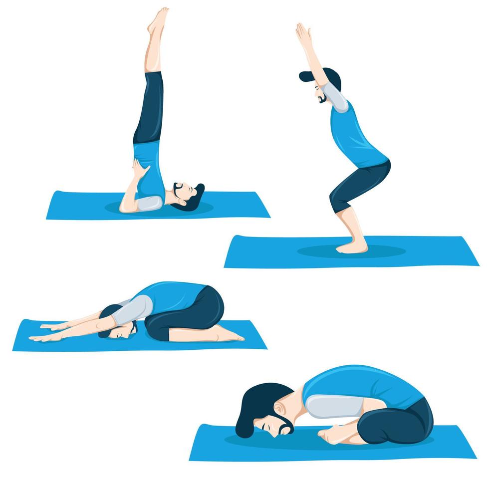 una serie di posizioni yoga di figura maschile 4 posizioni yoga in un design piatto. vettore