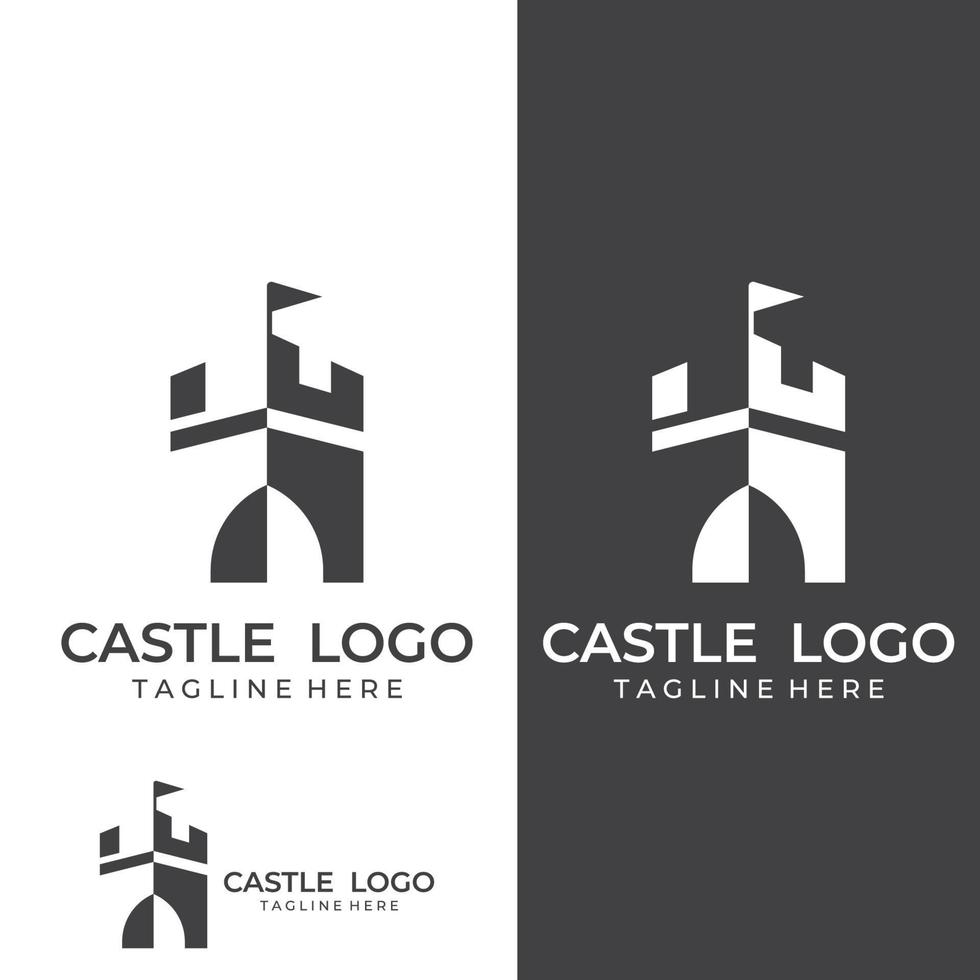 sagoma del logo del castello, logo del castello con modello di illustrazione vettoriale di design a combinazione di scudo.