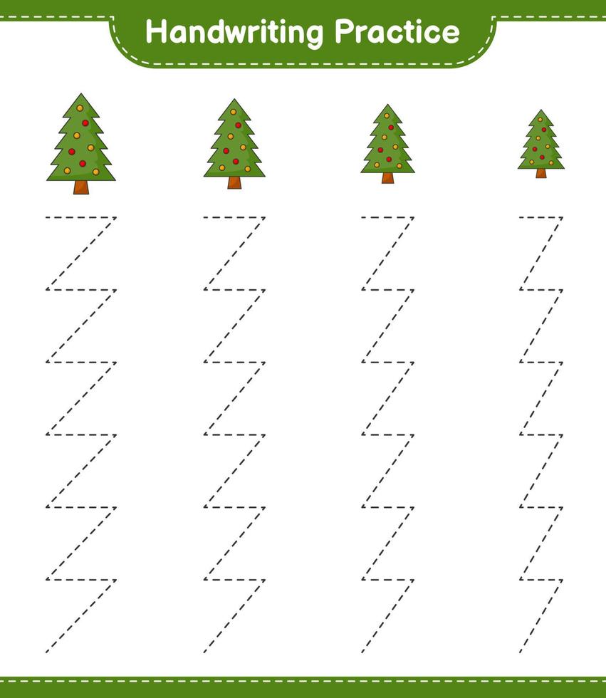 pratica della scrittura a mano. tracciare linee di albero di natale. gioco educativo per bambini, foglio di lavoro stampabile, illustrazione vettoriale