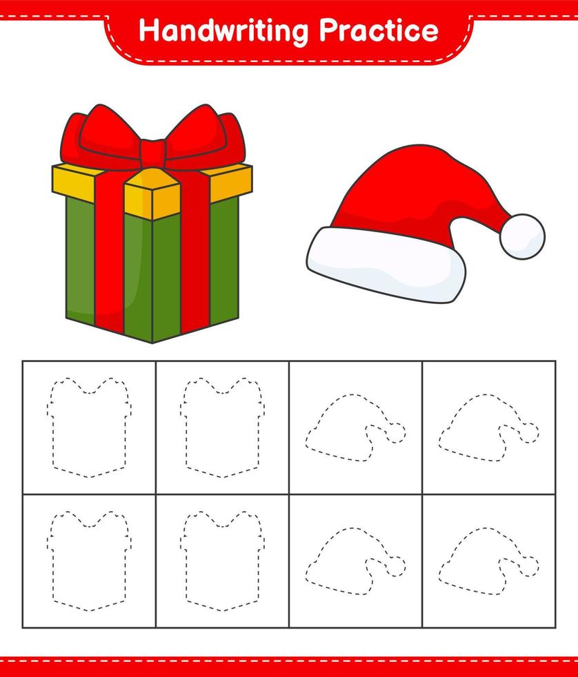 pratica della scrittura a mano. tracciare linee di cappello da Babbo Natale e confezione regalo. gioco educativo per bambini, foglio di lavoro stampabile, illustrazione vettoriale