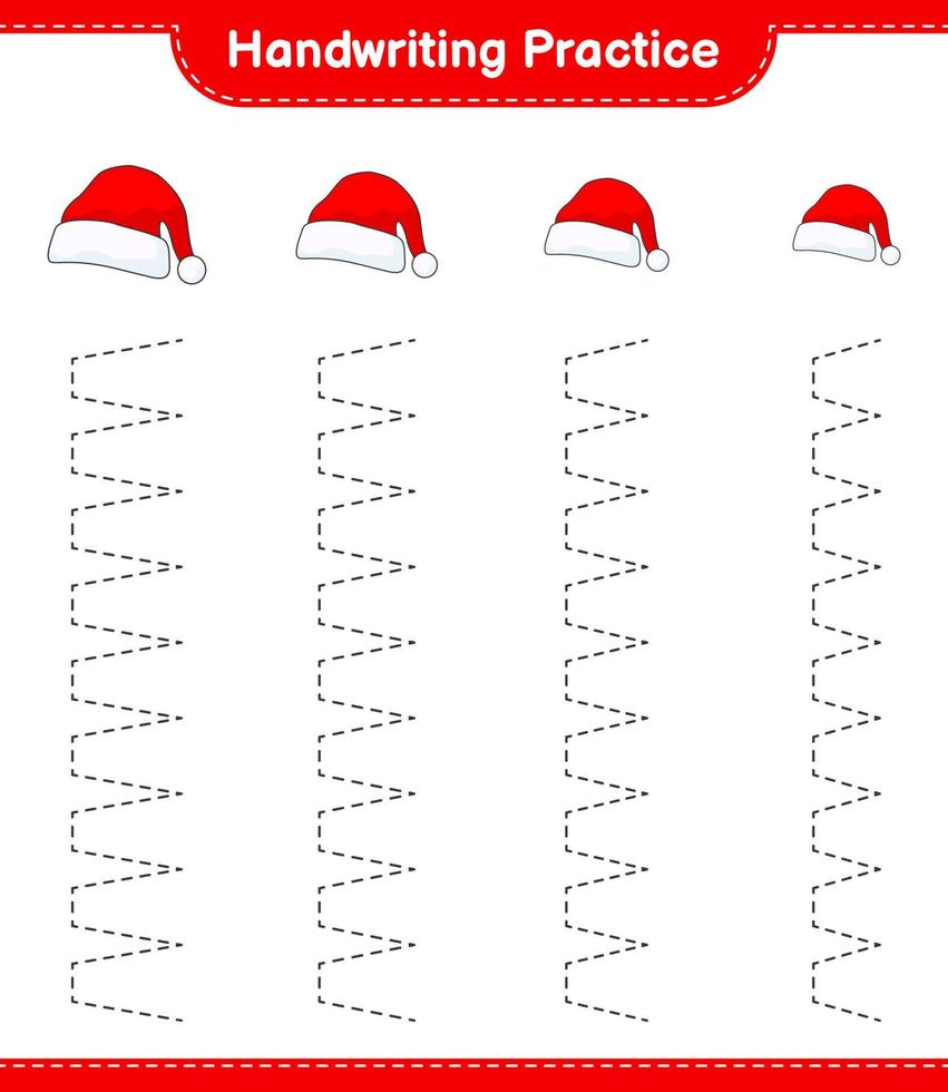 pratica della scrittura a mano. linee di tracciamento del cappello di Babbo Natale. gioco educativo per bambini, foglio di lavoro stampabile, illustrazione vettoriale