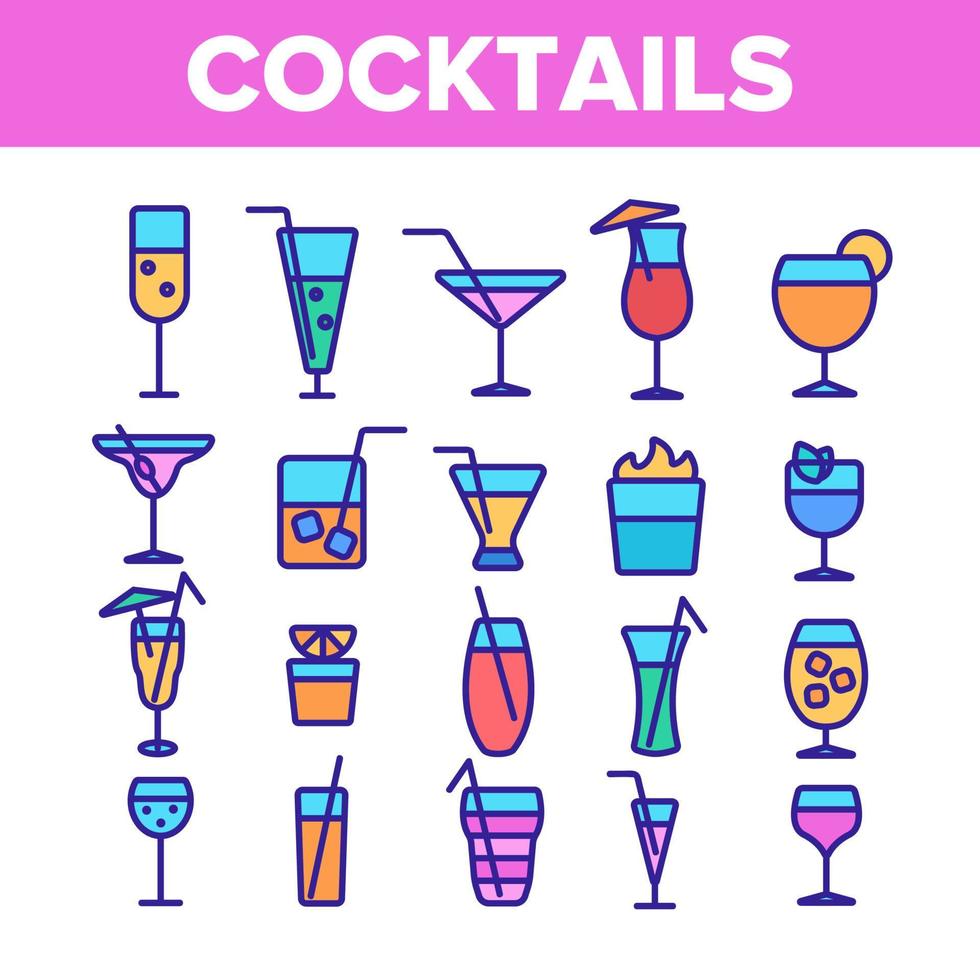 set di icone lineari per cocktail, alcolici e bevande analcoliche vettore